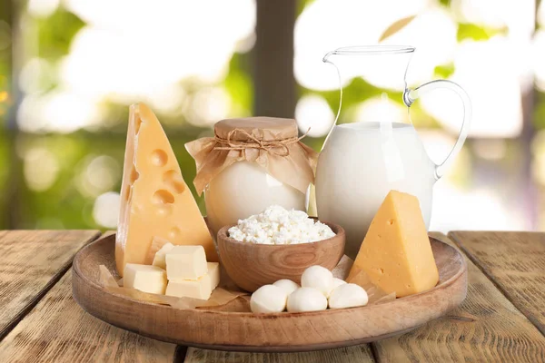 Set Different Dairy Products Wooden Table Outdoors — Stock Photo, Image