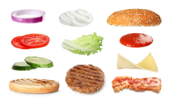 Set Ingrediënten Voor Heerlijke Hamburger Witte Achtergrond — Stockfoto