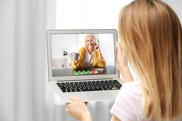 Young Woman Having Video Chat Her Grandmother Home Focus Screen — Stock Photo, Image