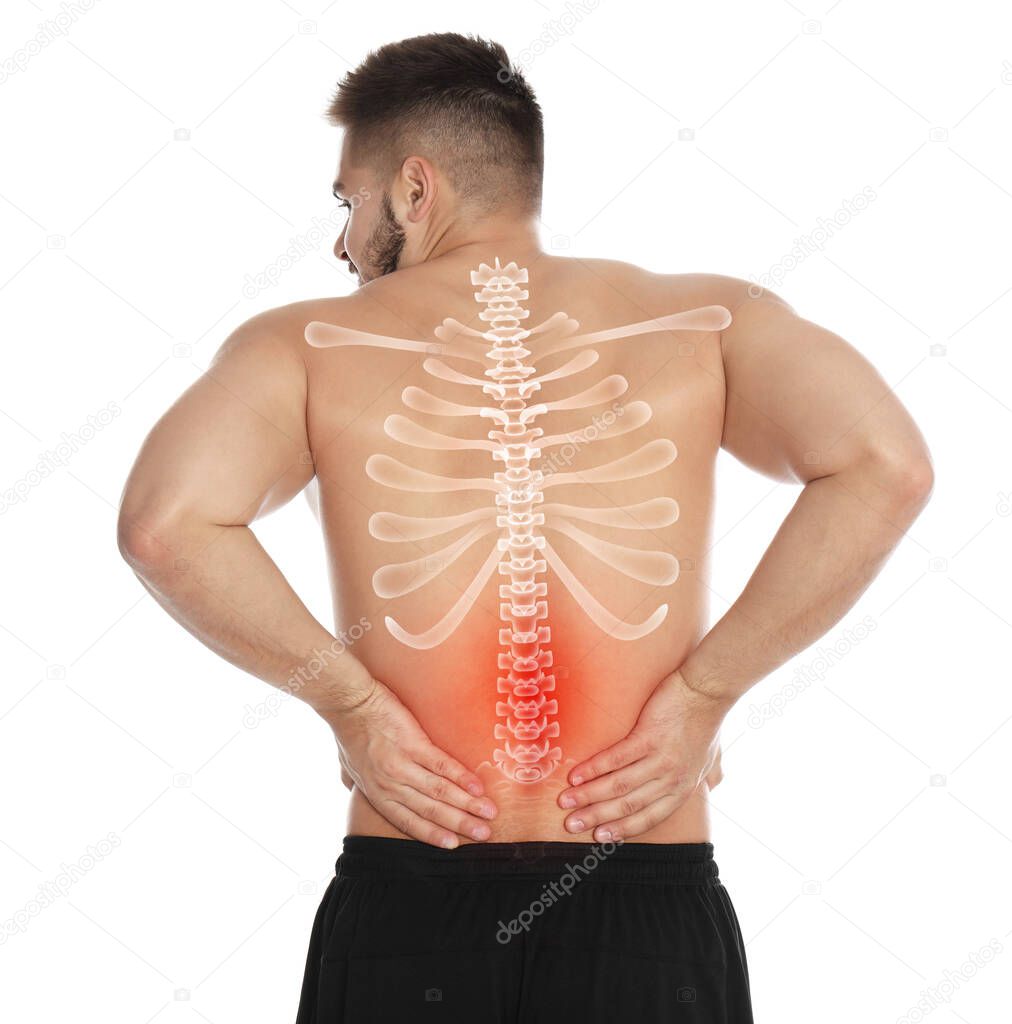Man suffering from pain in back on white background