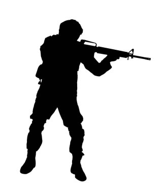 Beyaz arka planda saldırı tüfeği olan asker silueti. Askerlik.