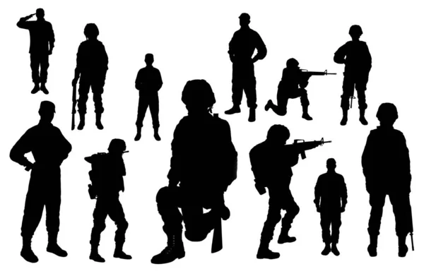 Collage Con Siluetas Soldados Sobre Fondo Blanco Servicio Militar — Foto de Stock