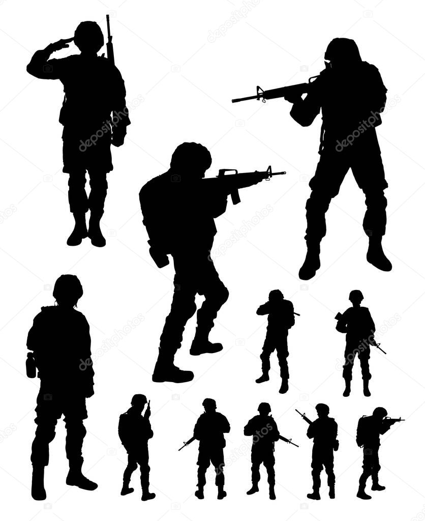 Collage with silhouettes of soldiers on white background. Military service