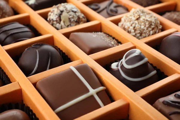 Box Different Chocolate Candies Background Closeup — Stock Photo, Image