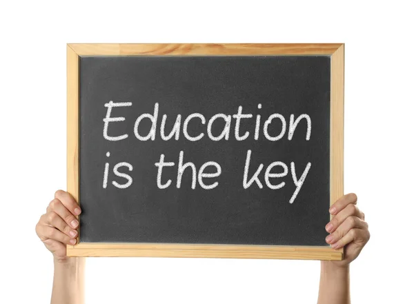 Woman Holding Blackboard Phrase Education Key White Background Closeup Adult — Stock Photo, Image