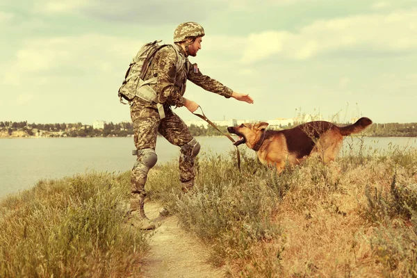 Man Militair Uniform Met Duitse Herdershond Buitenshuis — Stockfoto