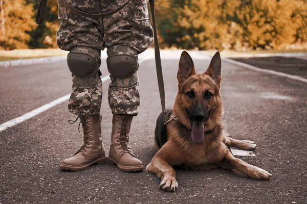 Man Military Uniform German Shepherd Dog Outdoors Closeup — Stock Photo, Image