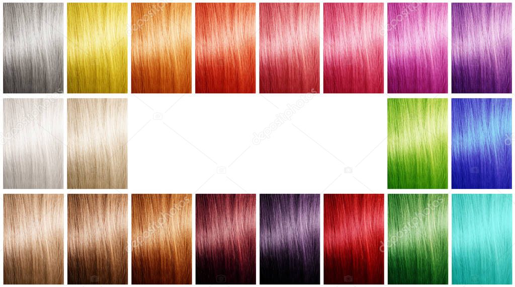 Collage with color hair samples on white background. Space for text