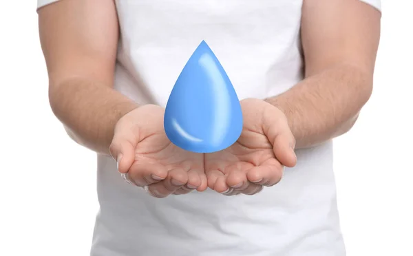 Homem Segurando Gota Água Fundo Branco Close Protecção Ecológica — Fotografia de Stock