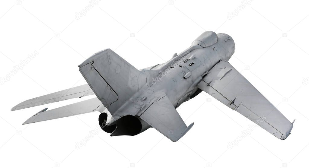 MiG-17 fighter isolated on white. Military machinery