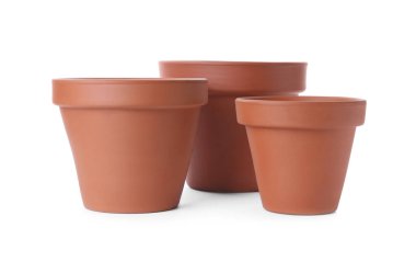 Beyaz tencerelerde izole edilmiş şık terracotta saksıları.