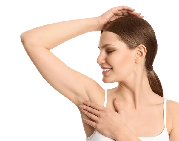 Young Beautiful Woman Showing Armpit Smooth Clean Skin White Background — Stock Photo, Image