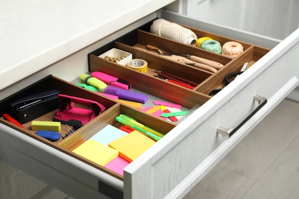 Stationery Sewing Accessories Open Desk Drawer Indoors — Stock Photo, Image