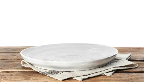 Leerer Teller Und Serviette Auf Holztisch Vor Weißem Hintergrund — Stockfoto