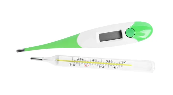 Verschiedene Thermometer Auf Weißem Hintergrund Draufsicht — Stockfoto