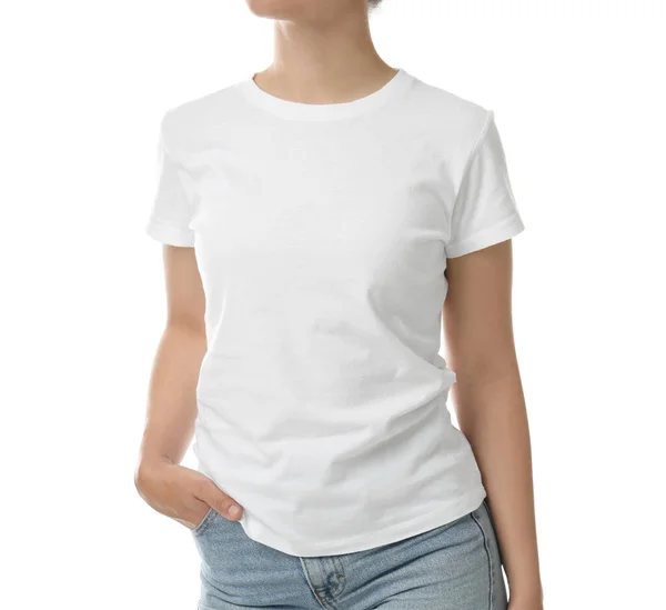 Vrouw Shirt Witte Achtergrond Close Ruimte Voor Ontwerp — Stockfoto