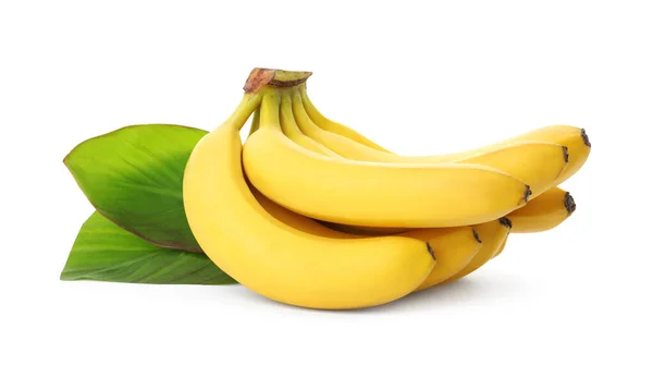 Kluster Läckra Mogna Bananer Och Gröna Blad Isolerade Vita — Stockfoto