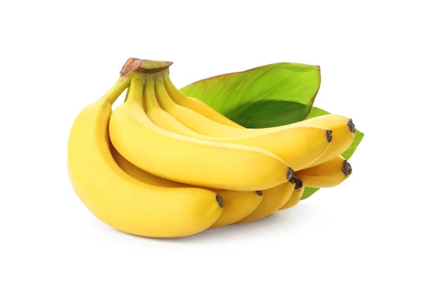 Agrupamento Deliciosas Bananas Maduras Folhas Verdes Isoladas Branco — Fotografia de Stock