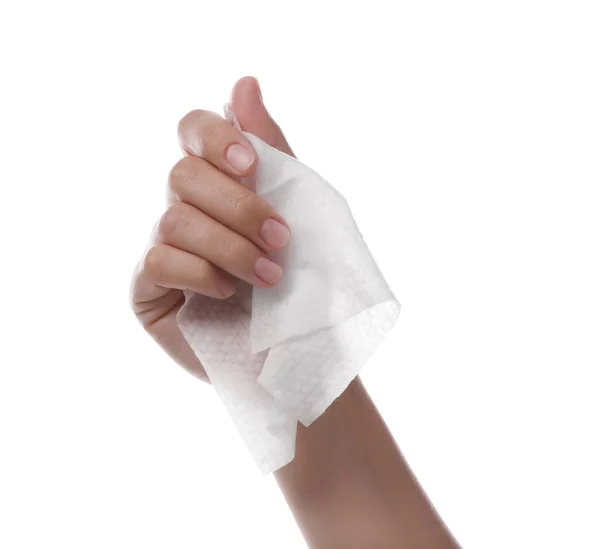 Woman Holding Wet Wipe White Background Closeup — Stock Photo, Image