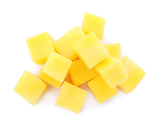 Lekkere Rijpe Mango Blokjes Geïsoleerd Wit Bovenaanzicht — Stockfoto