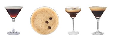 Beyaz arka planda lezzetli Espresso Martini kokteylleri, pankart tasarımı 