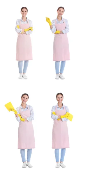 Collage Photos Chambermaid White Background — Stock Photo, Image