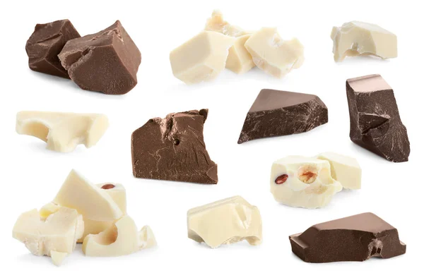 Set Delicious Chocolate Chunks White Background — Stock Photo, Image