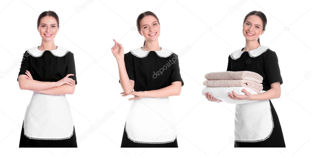 Collage with photos of chambermaid on white background. Banner design