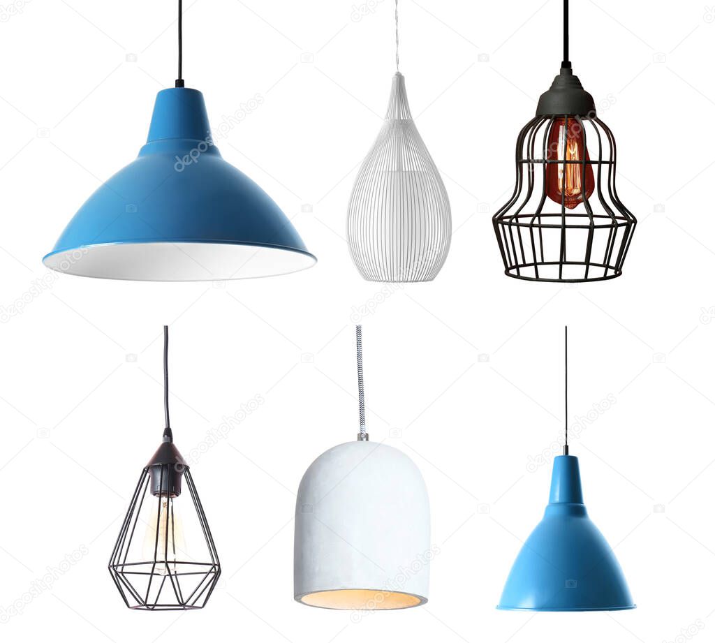 Set of different modern hanging lamps on white background