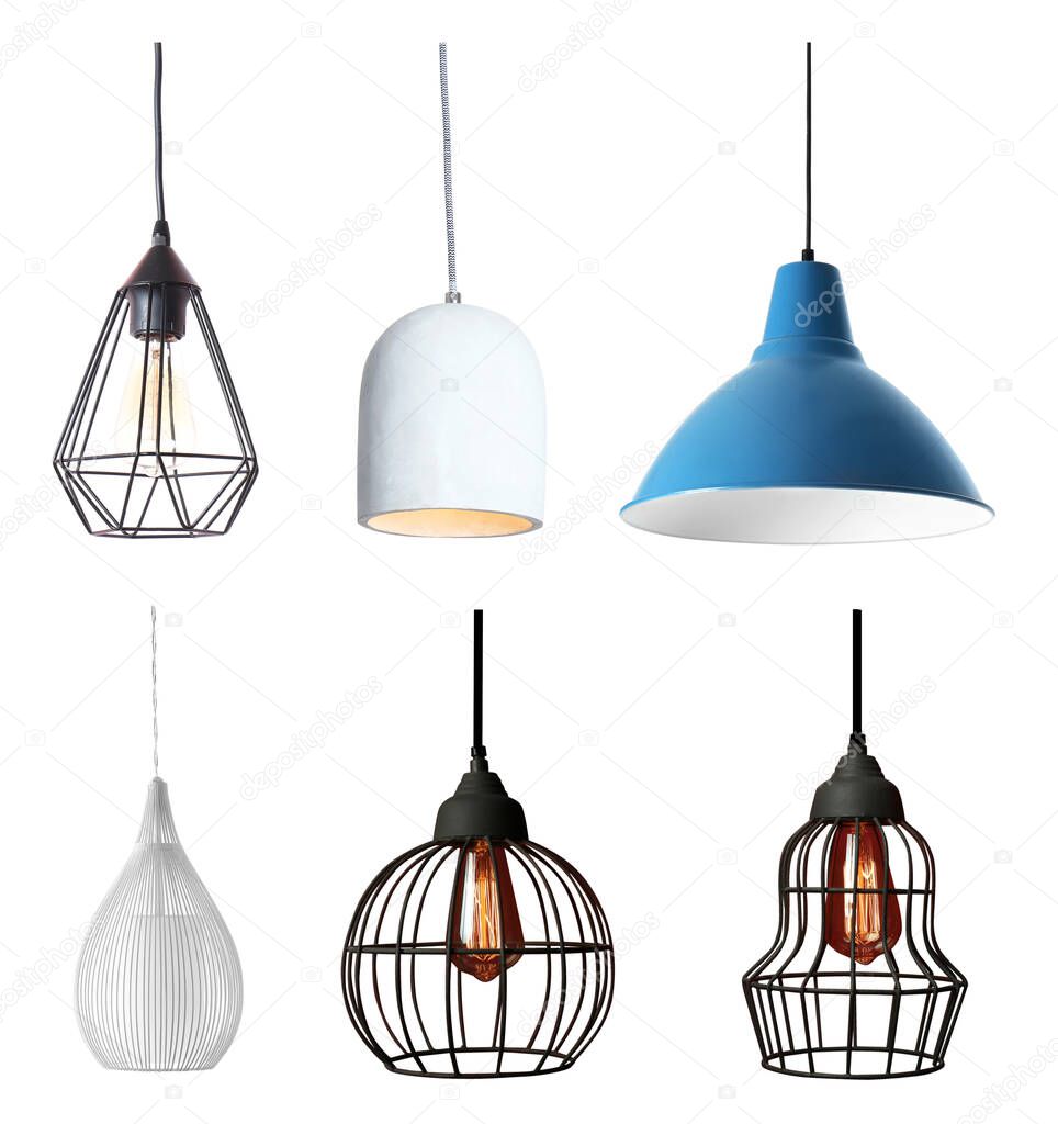 Set of different modern hanging lamps on white background
