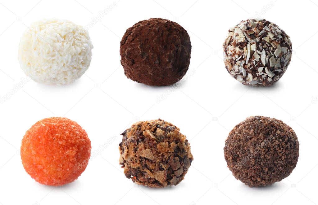 Set with different chocolate candies on white background