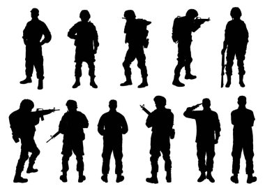 Beyaz arka planda asker siluetleriyle kolaj. Askerlik.
