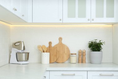 Mutfak eşyaları ve ev bitkileri kapalı alanda.