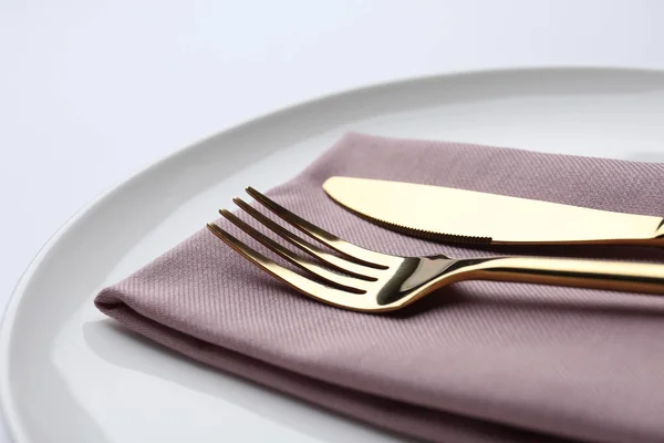 Stylish Elegant Cutlery Napkin Plate White Background Closeup — Stock Photo, Image