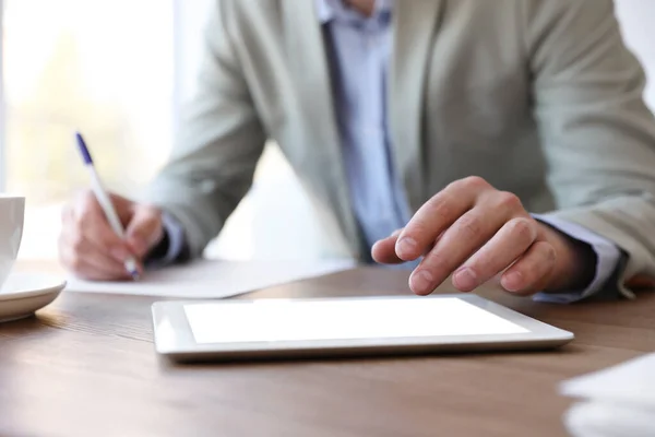 Businessman Working Modern Tablet Wooden Table Office Closeup — Stock Photo, Image