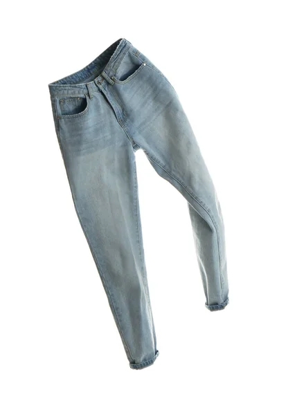 Calça Jeans Azul Isolada Branco Roupas Elegantes — Fotografia de Stock