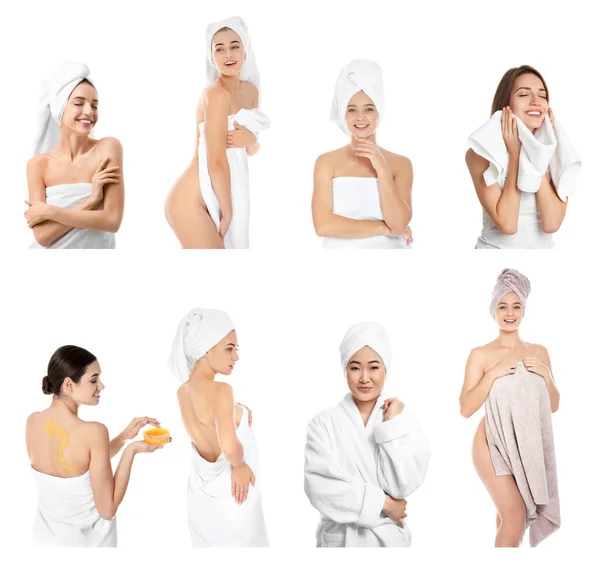 Beautiful Women Towels White Background Collage — Stock Photo, Image