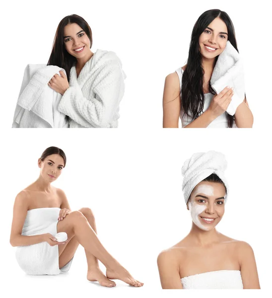 Mooie Vrouw Met Handdoek Witte Achtergrond Collage — Stockfoto