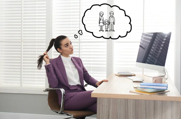 Businesswoman dreaming about family in office. Concept of balance between life and work