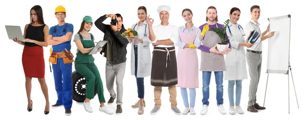 Collage Con Persone Diverse Professioni Sfondo Bianco Design Banner — Foto Stock