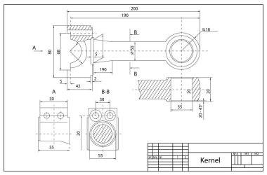 Arka plan olarak makine mühendisliği çizimi. Motor bağlantı çubuğunun teknik planı