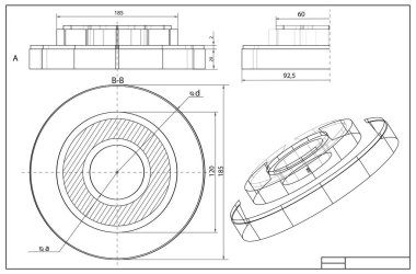 Makine mühendisliği çizimi ve arka plan olarak 3D çizim. Teknik plan 