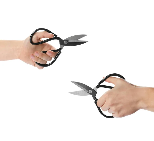 Kolaż Człowieka Trzymającego Nożyczki Białym Tle Zbliżenie — Zdjęcie stockowe
