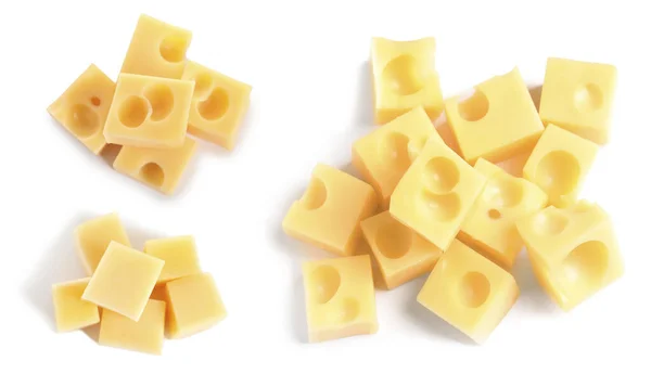 Set Delicious Cheese Cubes White Background Top View — Stock Photo, Image