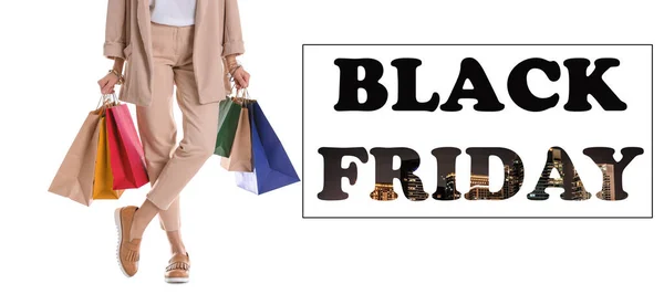 Mujer Con Bolsas Compras Texto Viernes Negros Sobre Fondo Blanco — Foto de Stock