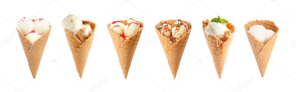 Set of different ice creams in wafer cones on white background. Banner design