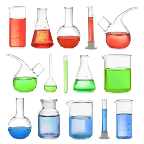 Set Laboratory Glassware Colorful Liquids White Background — Stock Photo, Image