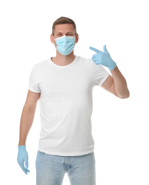 Male Volunteer Mask Gloves White Background Protective Measures Coronavirus Quarantine — Stock Photo, Image