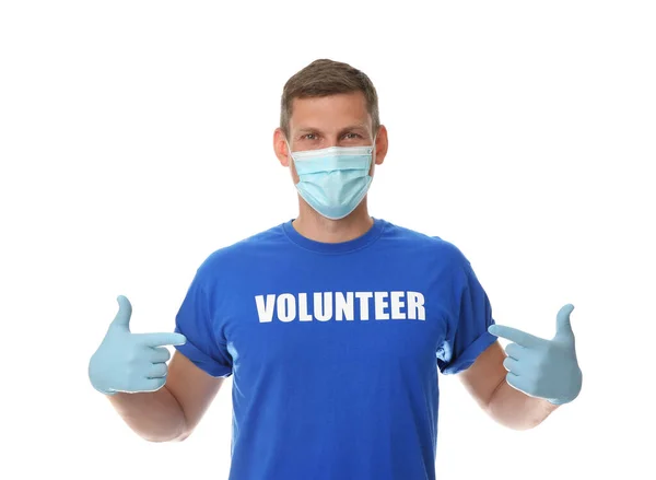 Male Volunteer Mask Gloves White Background Protective Measures Coronavirus Quarantine — Stock Photo, Image