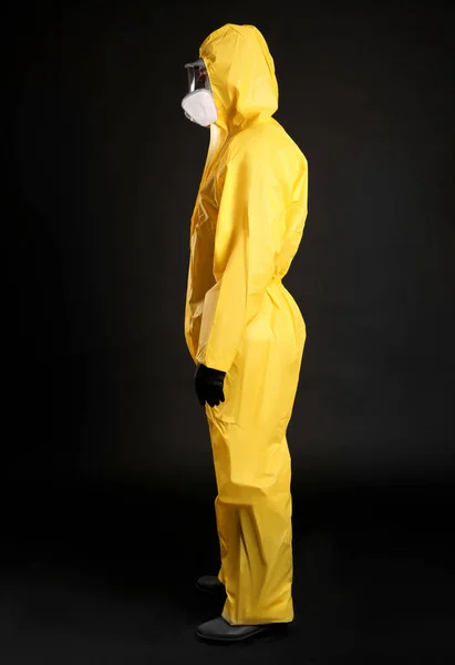 Man Wearing Chemical Protective Suit Black Background Virus Research — Stock Photo, Image